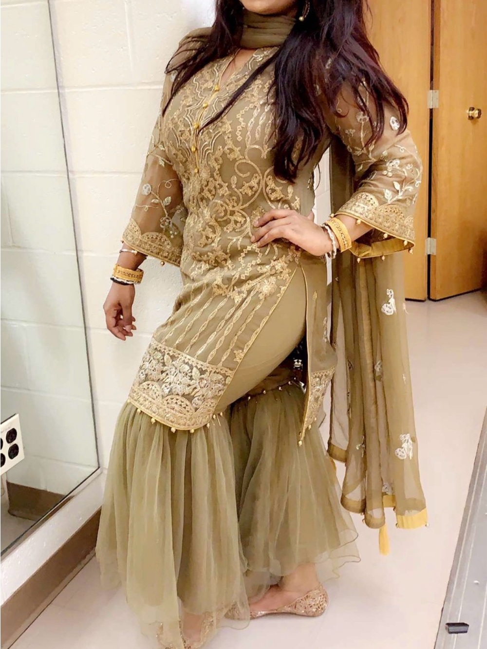 Olive Gold Embroidered Women’s Gharara Set